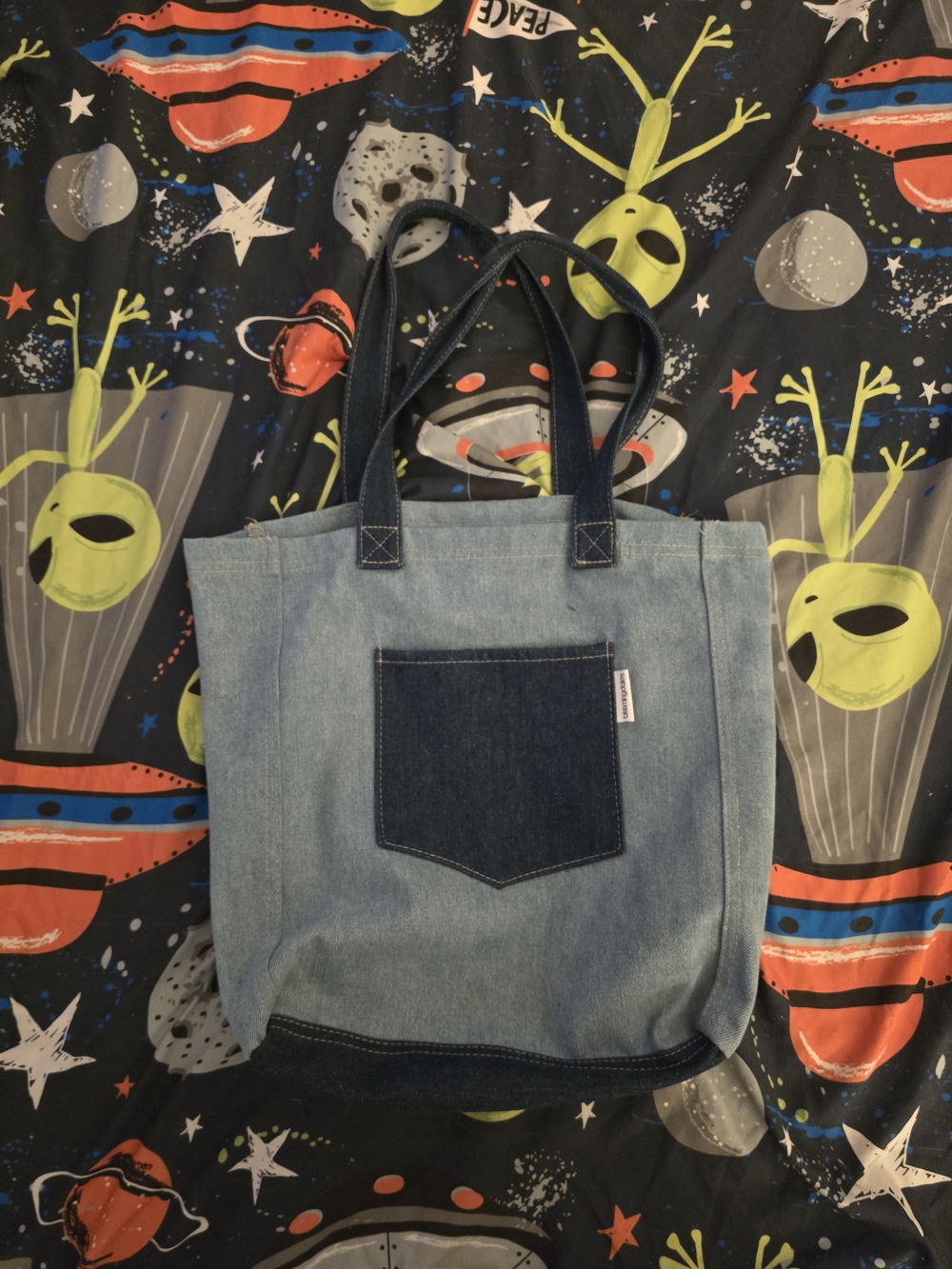 Bloomingdale's Two-Tone Denim Tote Bag in Light Blue and Dark Blue